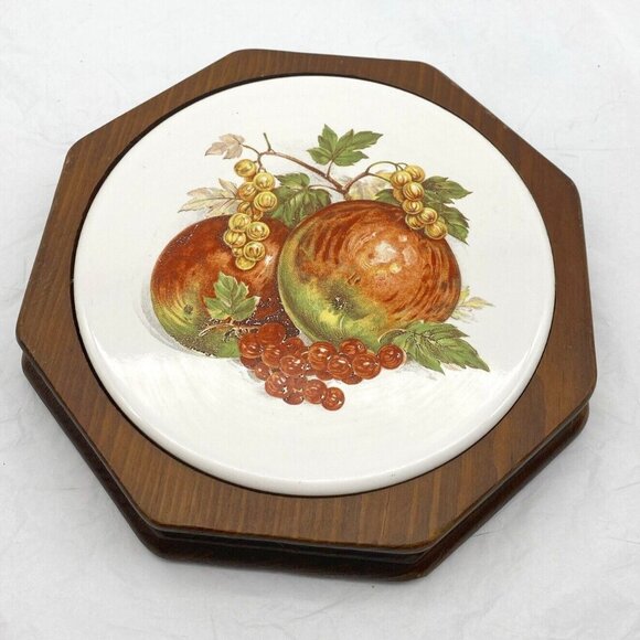 Jaeger & Co Fruit‎ Nut Design Wall Plaque Trivet Ceramic Inlay Wood Base Octagon - Picture 1 of 10